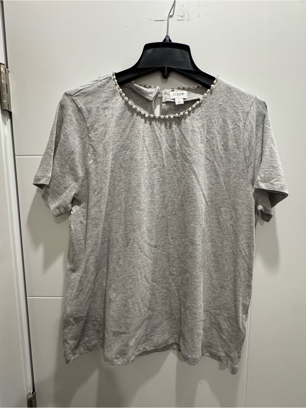 J. Crew Light Gray Short Sleeve Tee with Pearl Trim